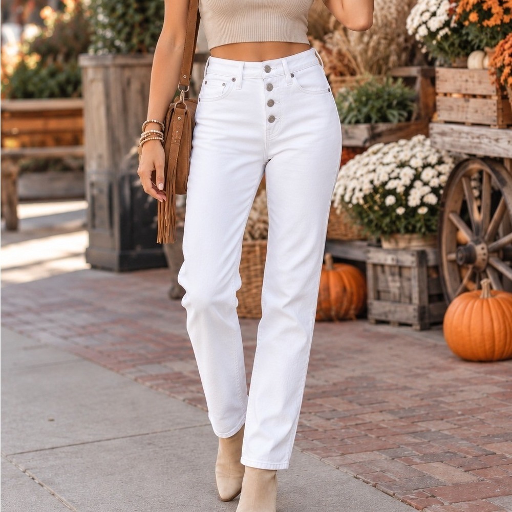 J.Crew Women White Denim High-Rise Vintage Straight Button Fly Jeans Size 25